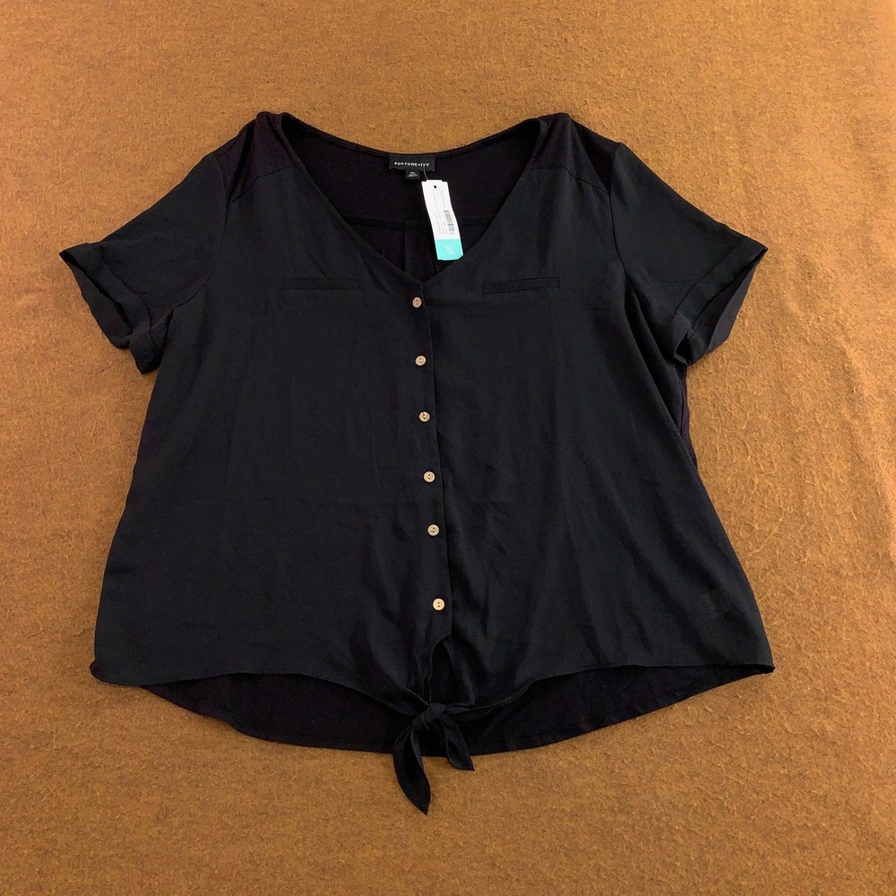 Fortune + Ivy Womens XXL Black Arden Tie Front Button Down Blouse NWT